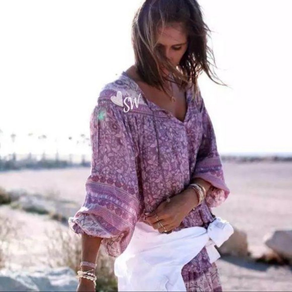 Gypsy boho print blouse purple long sleeve - Picture 7 of 9
